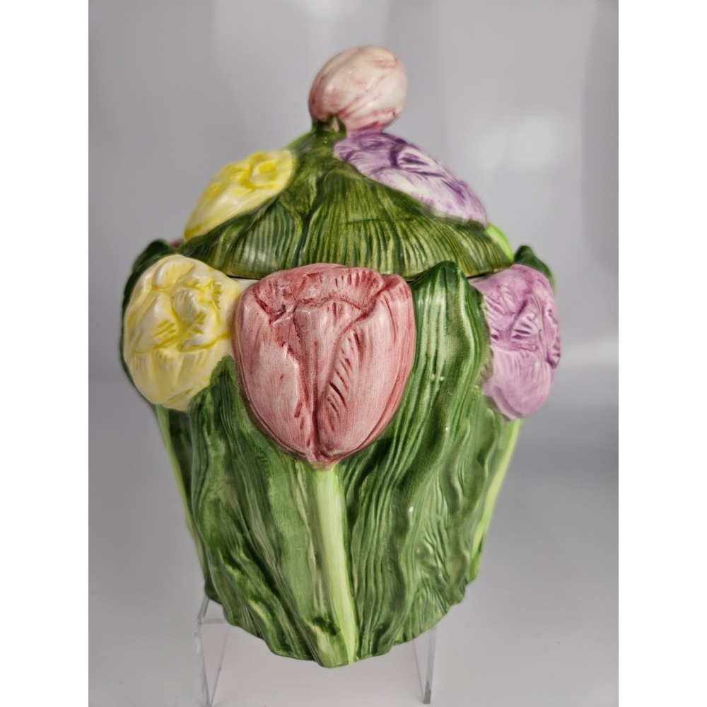 Vintage 1995 Tulip Cookie Jar‎ Floral Relief Ceramic Cottage Kitchen